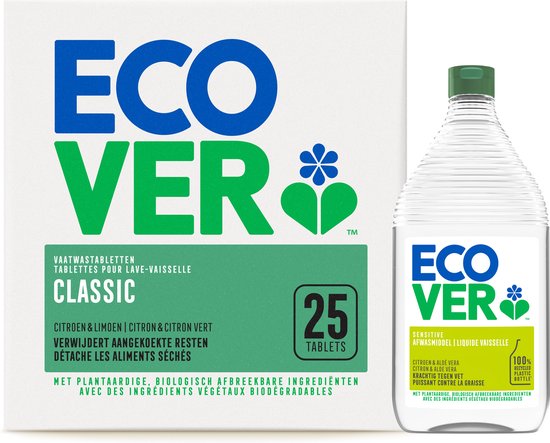 Ecover Vaatwastabletten Classic - JAARBOX 12 x 25 Tabs + 950ML Afwasmiddel Citroen Aloë Vera