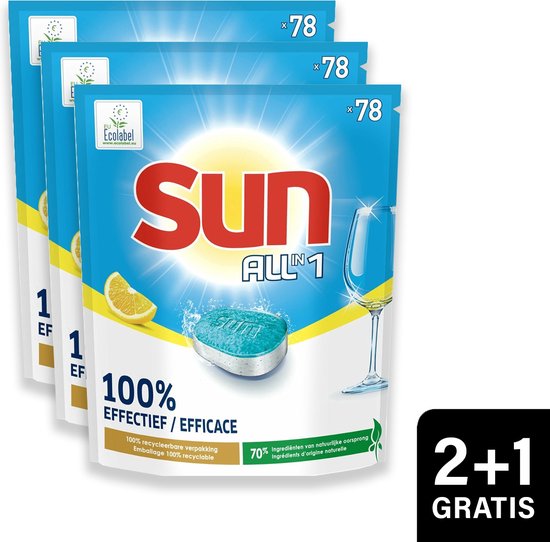 Sun All In One - Vaatwastabletten - Citroen - Voordeelverpakking 3 x 78 stuks - 2+1